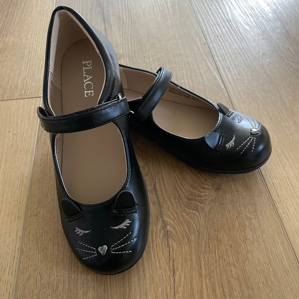 New The Childrens Place Shoes Girls 1Black Cat Embroidered Kitten Face Mary Jane